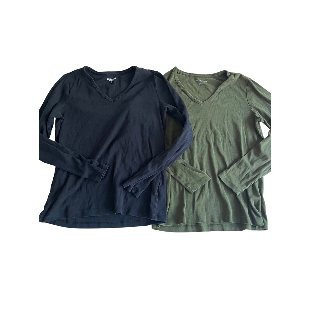 BUNDLE  Lands End Womens Shaped Fit V-Neck Long Sleeve‎ Cotton Tee S 6-8